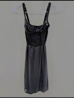 Vintage Y2K 90s Vassarette Slip Dress 32C Black Lace Satin Nightgown Lingerie